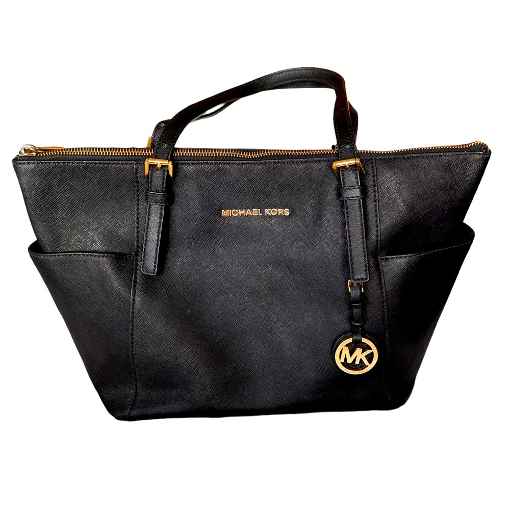 MK Michael Kors Black Saffiano Leather Shoulder Handbag Tote Purse EUC